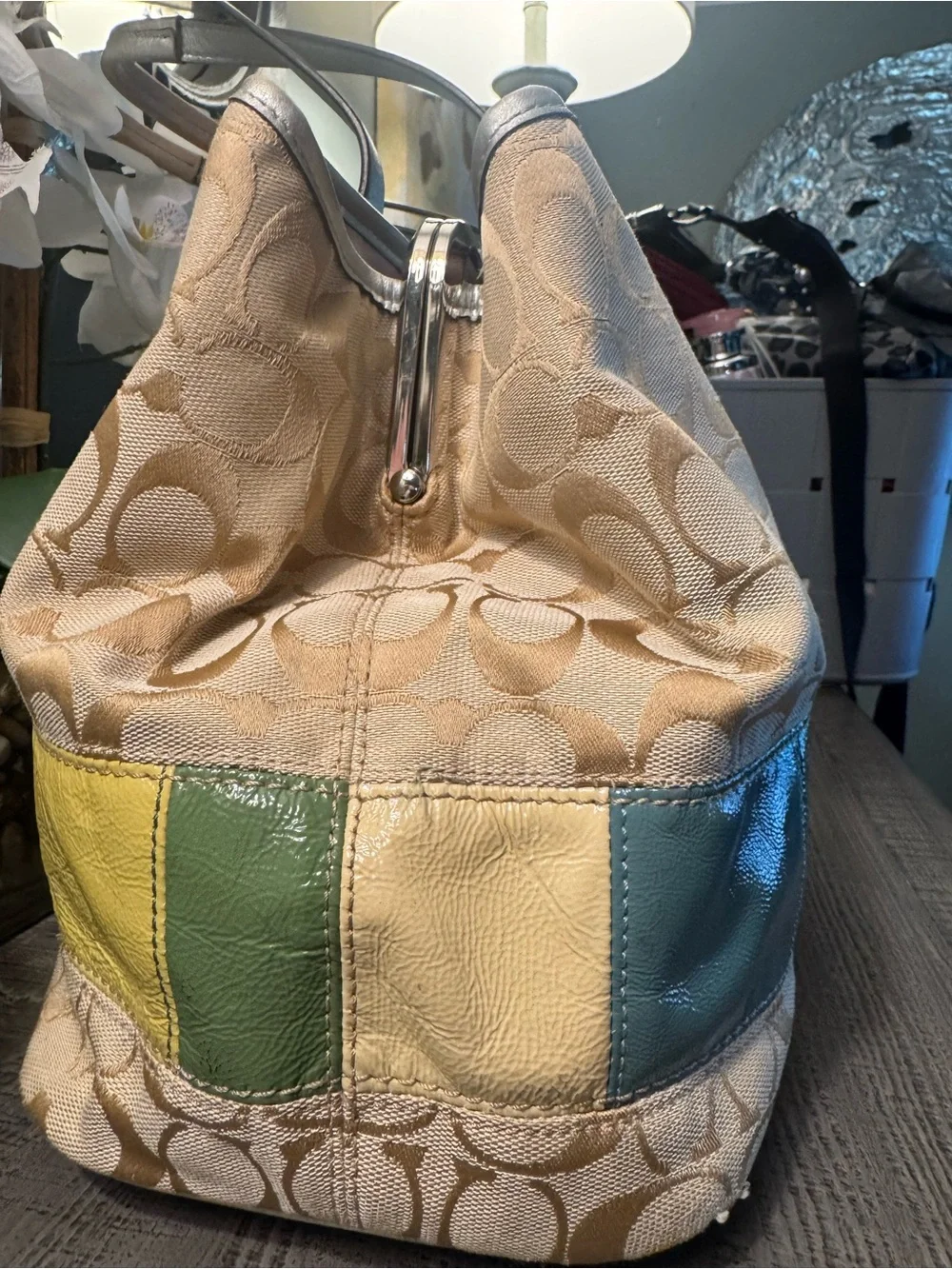 EUC Coach KISS LOCK Signature Canvas Tote with Multicolor Leather Patches 2 Tags